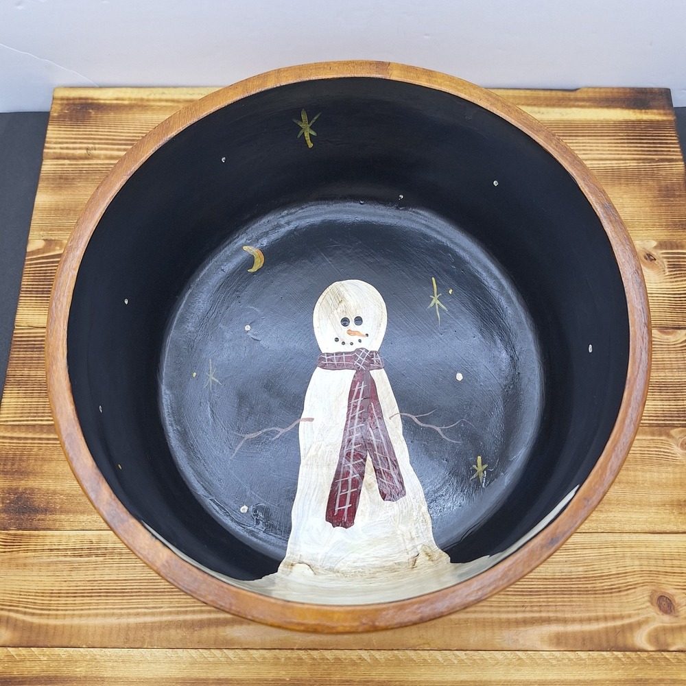 Snowman Painted Monkey‎ Pod Wooden Mid Century Bowl 4in Tall Popcorn Christmas